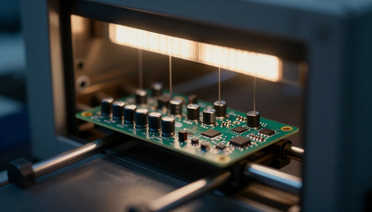 리플로우 오븐 안에서 아랫면 부품이 매달린 채 이동하는 양면 PCB
