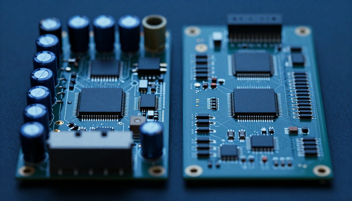 무거운 부품을 한 면에 모으고 반대 면에는 가벼운 칩 부품만 둔 양면 PCB 배치 비교