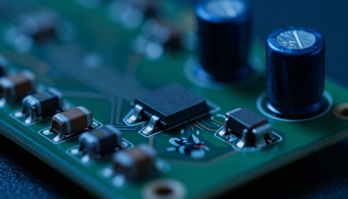 PCB 아랫면에 거꾸로 매달린 SMD 전해 커패시터와 녹은 납 필렛