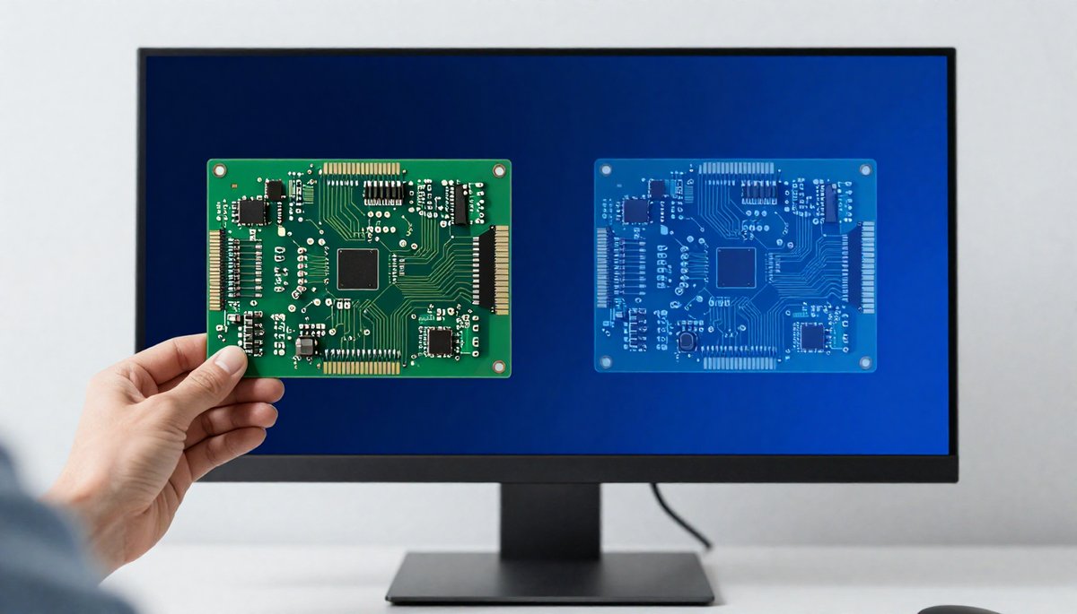 모니터의 PCB 배선 그림과 손에 든 실제 기판을 나란히 놓고 비교하는 모습