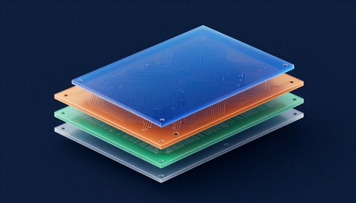 구리층&middot;초록 잉크층 같은 PCB 층이 투명한 판처럼 한 장씩 떨어져 겹쳐 보이는 그림