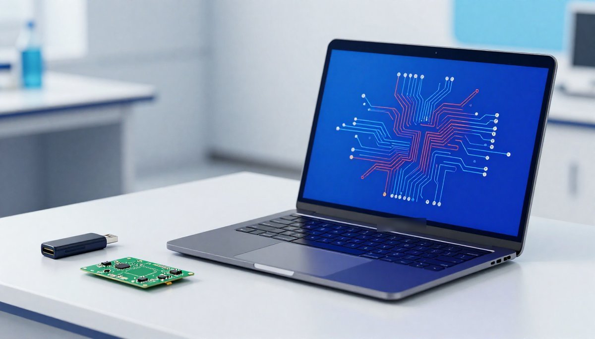 노트북 화면에 여러 색의 PCB 배선 그림이 떠 있고 옆에 완성된 초록색 기판이 놓인 책상